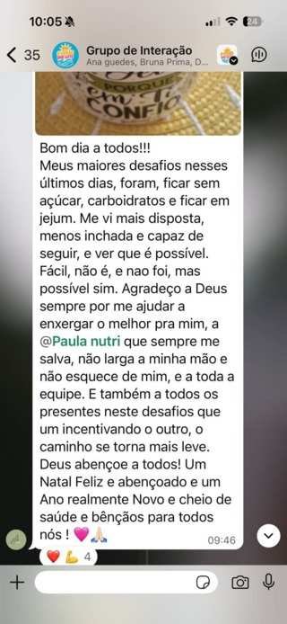 Mensagem sobre alimentação, disposição e incentivo durante o desafio.