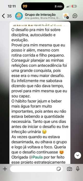 Mensagem sobre autocuidado, planejamento das refeições e apoio do grupo.