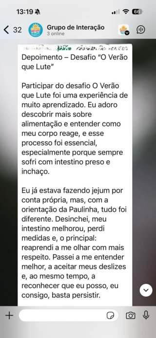 Mensagem sobre a experiência no desafio e o aprendizado sobre alimentação.